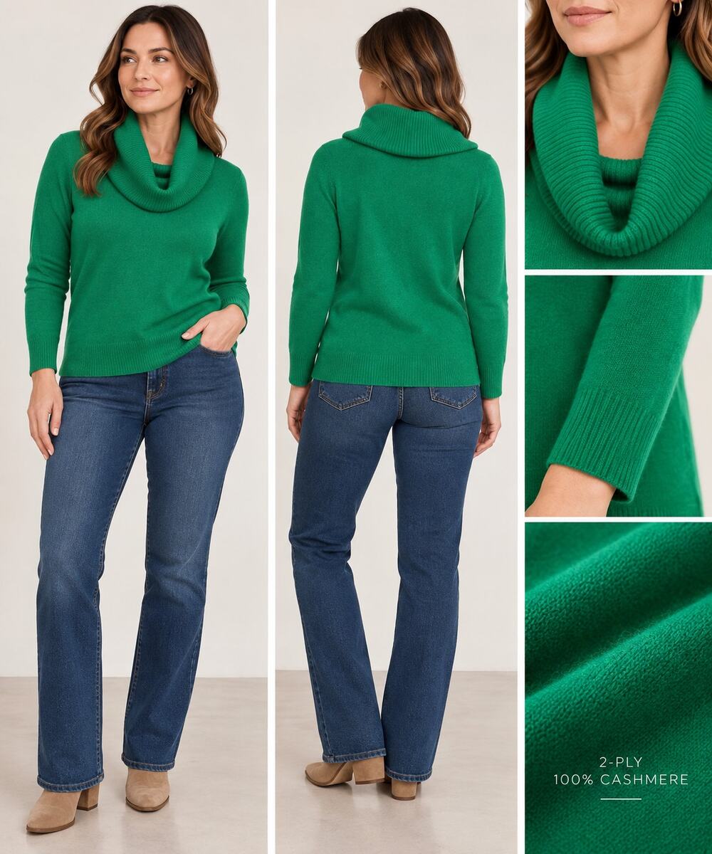 2 Ply 100% Cashmere Sweater Women Green Cowl Neck Long Sleeve Soft Knit